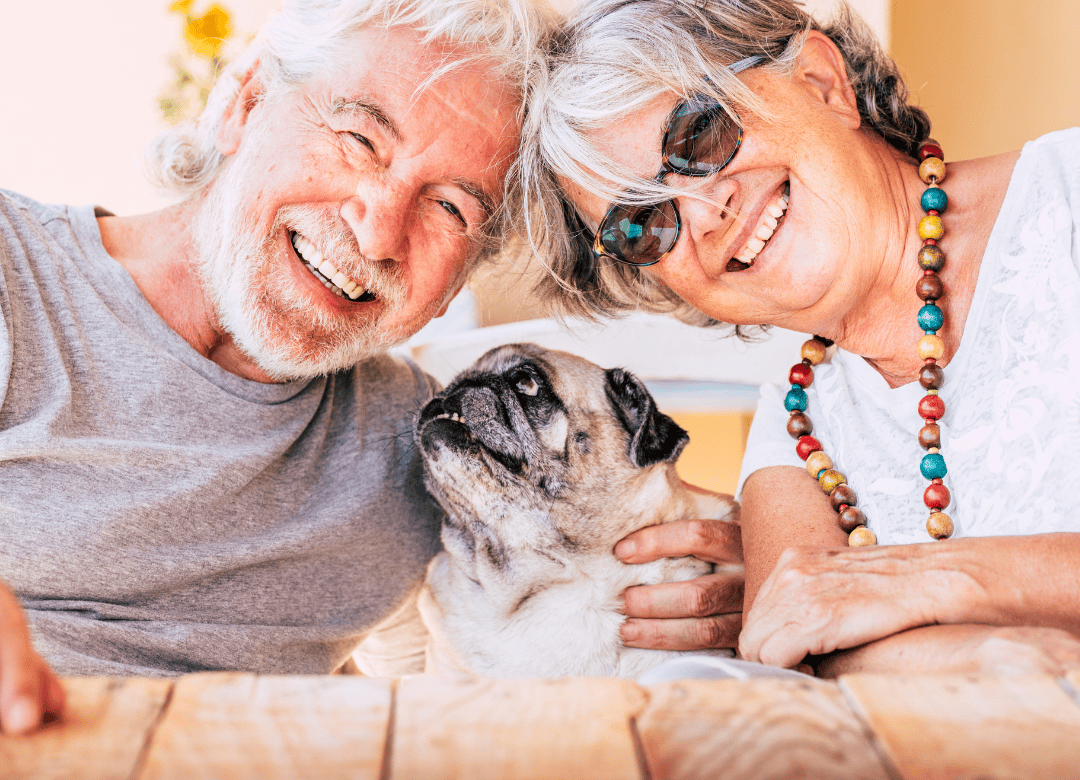 A couple enjoys a date with their pup as part of a dog Happy Valentine's Day celebration.