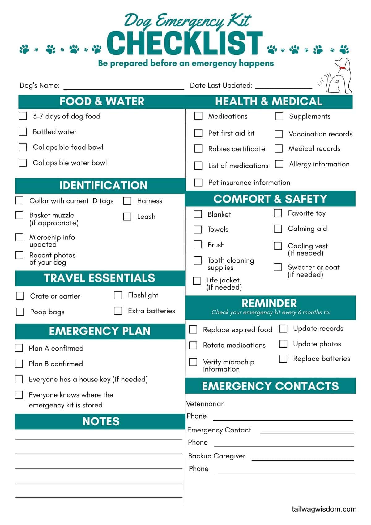 Printable dog emergency kit checklist with 27 essential supplies for evacuations and disasters.