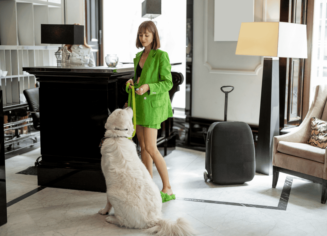 a pup sits in a lobby as his dog mom checks into the dog-friendly hotel