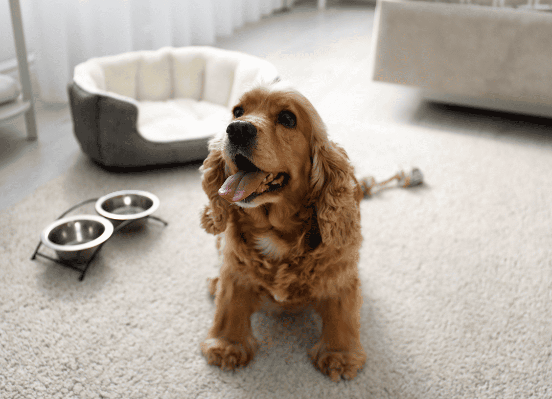 a cocker spaniel sits next to a bed, toy, and bowls in a dog-friendly hotel