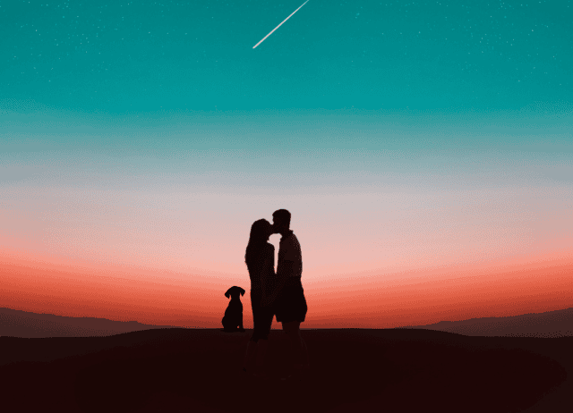 a couple kiss while star gazing with their dog on a date