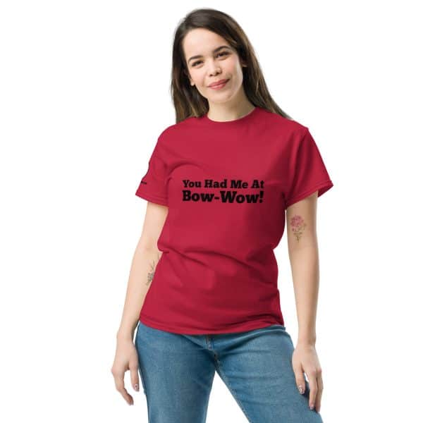 A woman proudly wears a cute You Had At Bow-Wow shirt in red.