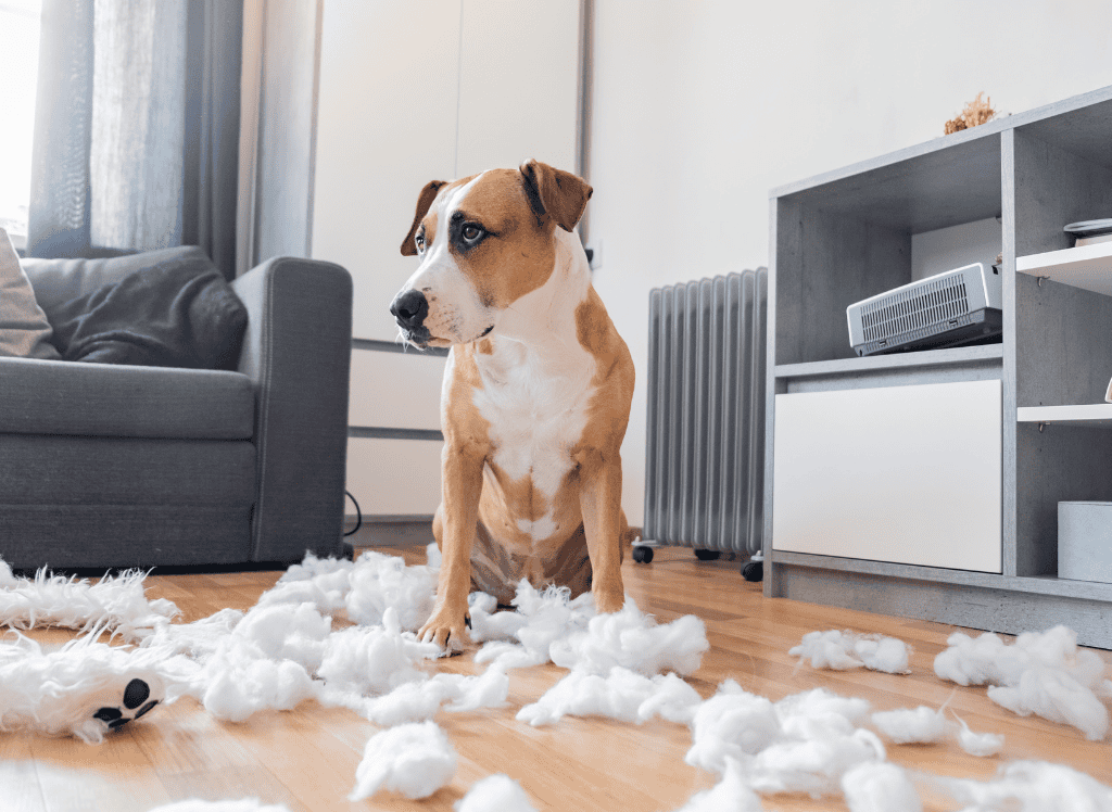 a dog sits in the middle of stuffing from furniture