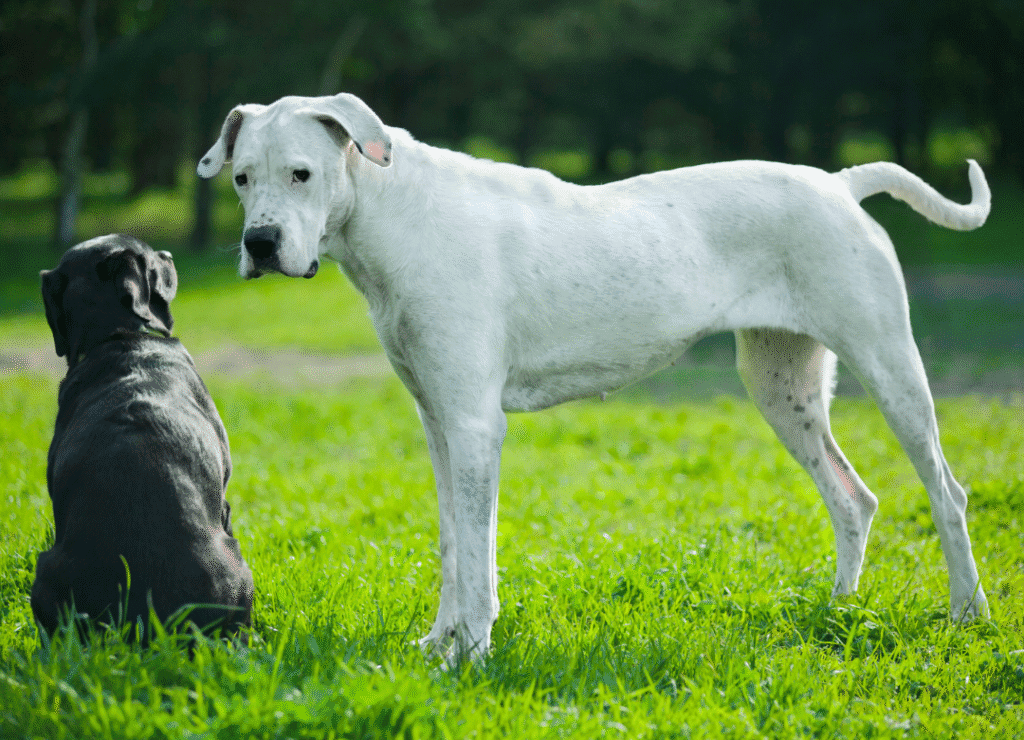 a big and small dog want to play and bust the myth that they can't play together