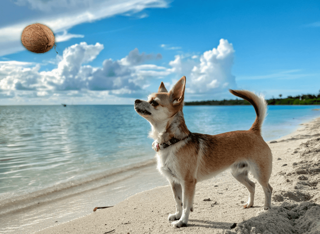 a dog looks up at a coconut thrown on a beach
