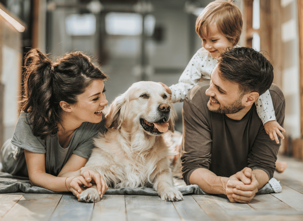 a family pets their dog with smiles