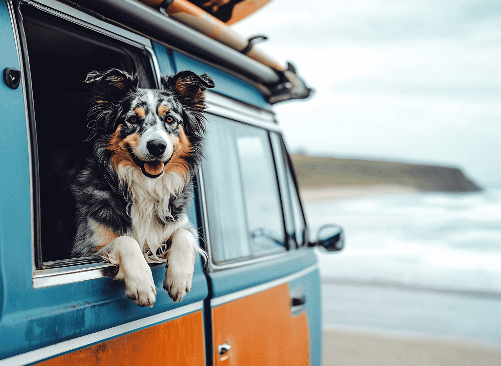 a try color dog smiles as he looks out his owners camper van