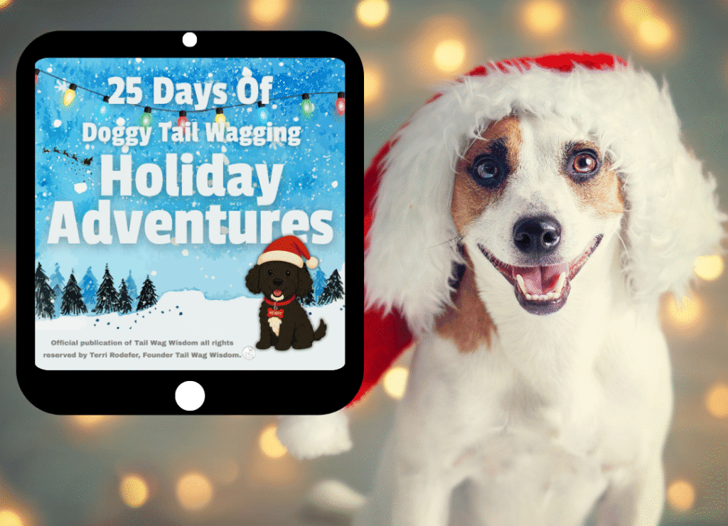 a tan and white dog smiles with a Santa hat and next to the new dog holiday ebook