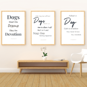 three of the dog wall art bundle printable are framed and on a wall
