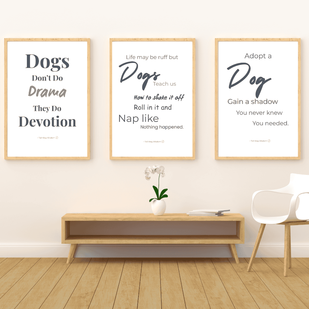 three of the dog wall art bundle printable are framed and on a wall