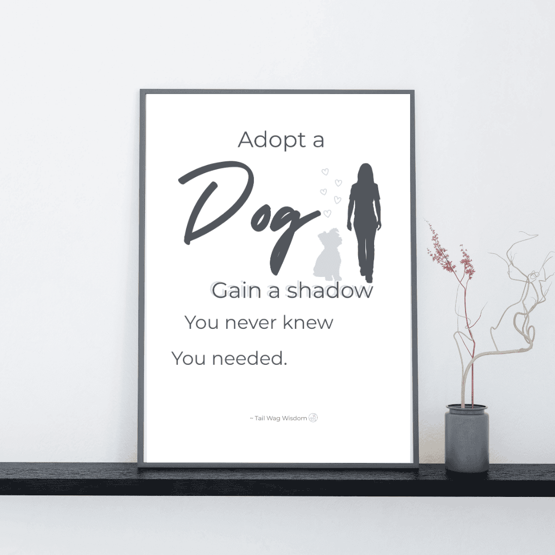 Rescue dog wall art printable quote with a cute dog and woman is framed and displayed