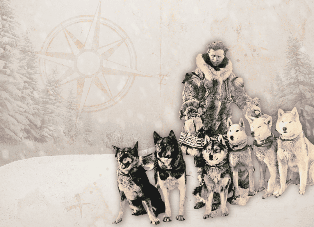 Togo and team and owner/musher Leonhard Seppala by Wikipedia altered for article