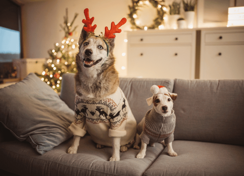 dogs in holiday traditions can include homemade sweaters for pups like these cute dogs in their DIY sweaters