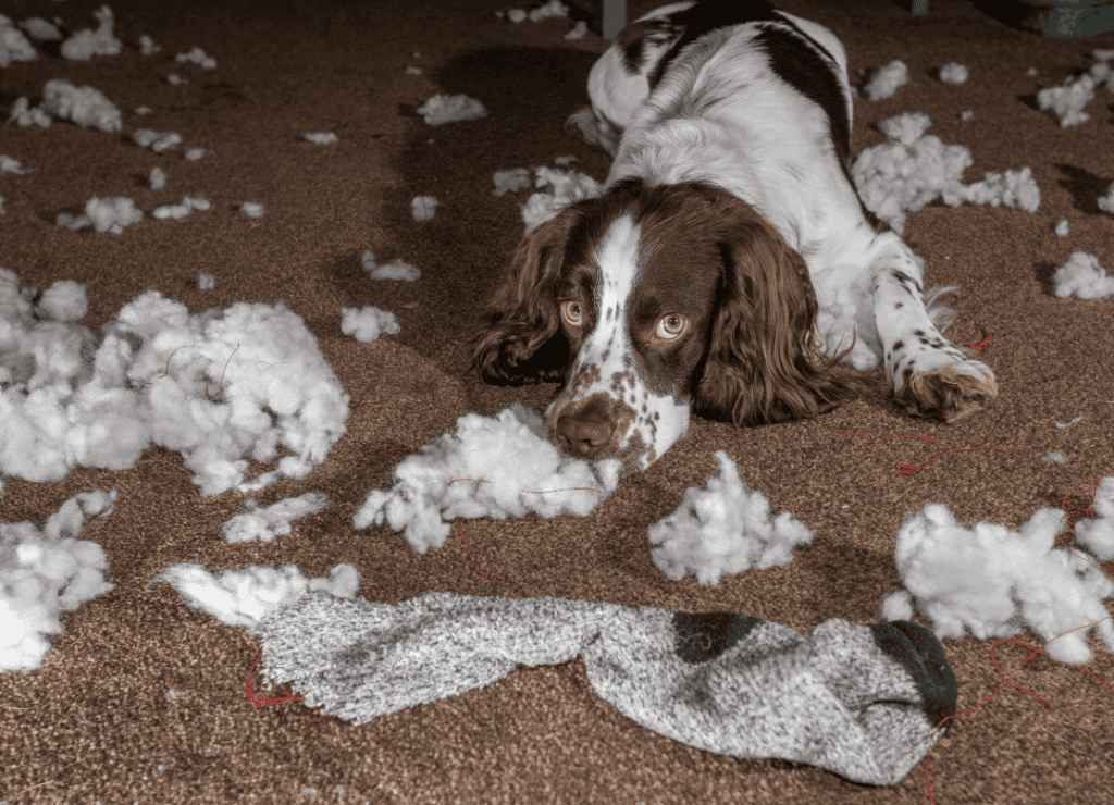 a brown and white dog destroying household items