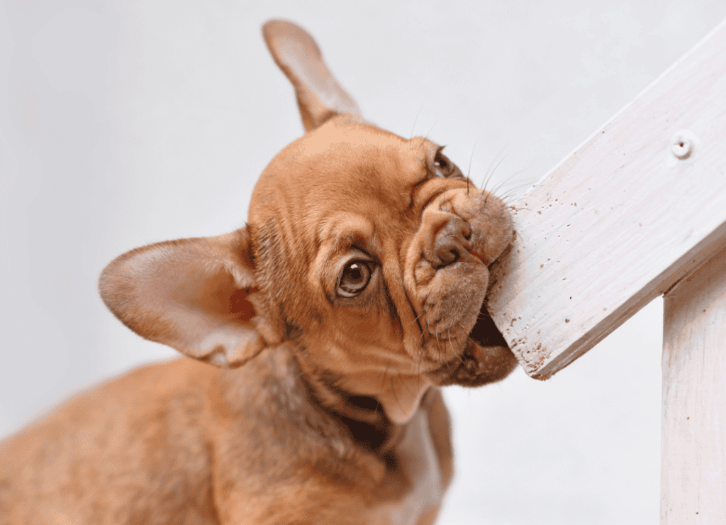 a puppy exhibits destructive dog behavior while chewing on a stair hand rail